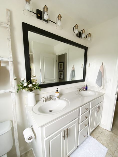 How to Frame a Bathroom Mirror - Love Your Abode Bathroom Vanity With Black Mirror, Framed Vs Unframed Bathroom Mirror, Washroom Mirror Frame, Framed Vanity Mirror Double Sinks, Bathroom Mirror With Black Frame, Black Trim Mirror Bathroom, Large Mirrors In Bathrooms, Frame Out Bathroom Mirror, Large Mirror In Bathroom Master Bath