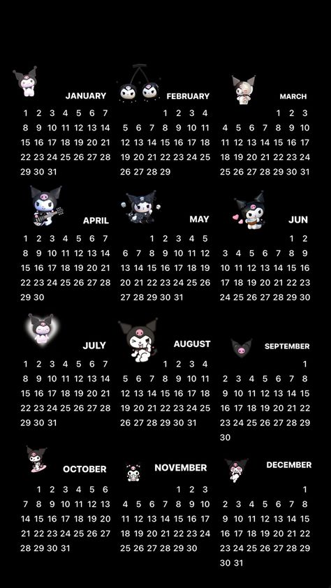 Goth Calendar, Kuromi Calendar, Graphic Room, My Protector, 2024 Aesthetic, Calendar 2024, Calendar Design, Printable Calendar, Room Posters