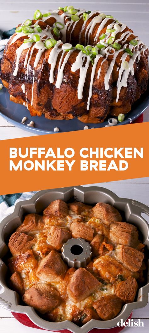 Buffalo Chicken Bread Pull Apart, Buffalo Chicken Monkey Bread, Buffalo Chicken Pull Apart Bread, Chicken Monkey Bread, Saucy Chicken, Monkey Bread Recipe, Chicken Appetizers, Tasty Snacks, Easy Clean Eating