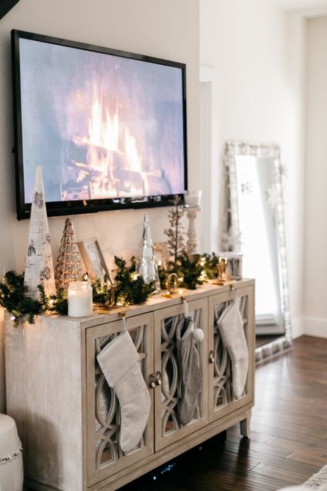 Christmas Holiday Home Decor | Home for the Holidays Tv Console Xmas Decor, How To Decorate Tv Stand, Entertainment Center Christmas Decor, Decor Ideas For Tv Stand, Ideas For Tv Stand, Tv Christmas Decor, Decorate Tv Stand, Tv Stand Christmas Decor, Christmas Tv Stand