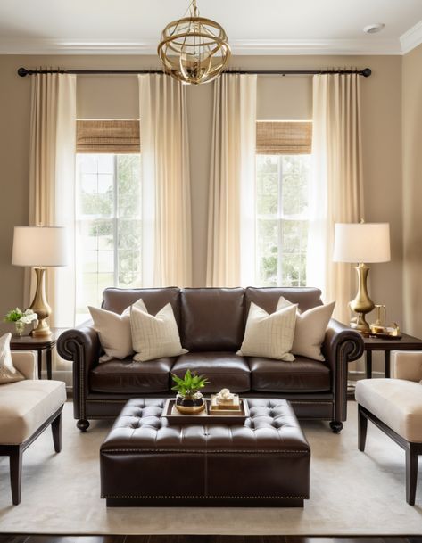 Dark Brown Sofa Living Room, Chocolate Brown Couch, Dark Brown Sofas, Brown Sofa Living Room, Living Room Decor Lights, Brown Couch Living Room, Fireplace Room, Tan Walls, Brown Couch