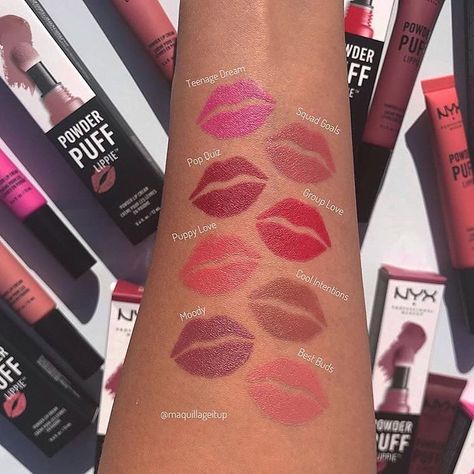 39.2k Likes, 289 Comments - NYX Professional Makeup (@nyxcosmetics) on Instagram: “You know the drill: Which shade(s) of our NEW Powder Puff Lippies would you wear? 😏💕 Photo by…” Nyx Shine Loud Lipstick Swatches, Abh Liquid Lipstick Swatches, Nyx Powder Puff Lippie, Mac Metallic Rose Liquid Lipstick, Nyx Powder, Too Faced Chocolate Lipstick, Mars Lipstick Swatch, Nyx Makeup, Lip Swatches