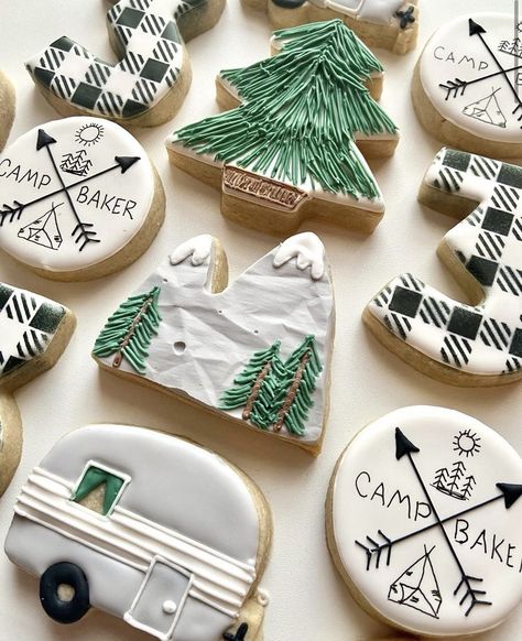 Camping Cookies, First Birthday Winter, Giraffe Cakes, Summer Sweets, Royal Iced Cookies, Cookie Decorating Party, Sugar Cookie Icing, Summer Cookies, Camping Birthday