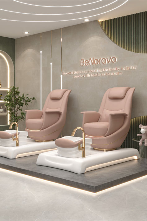 @BeNoravo Pink Collection Pedicure Chairs. ✨ Parlour Design Interiors, Pedicure Interior Design, Luxury Pedicure Station, Pedicure Salon Interior Design, Pedicure Chair Ideas, Nail Studio Decor, Salon Suite Decor, Luxury Nail Salon, Spa Massage Room