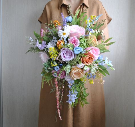 Small Spring Bridesmaid Bouquet, Different Wedding Flowers, Cascading Wildflower Bouquet, Cascading Wildflower Bridal Bouquet, Colorful Wedding Bridesmaids, Bridesmaid Bouquet Colorful, Wildflower Bridesmaid Bouquet, Small Bridesmaid Bouquet, Spring Wildflower Wedding