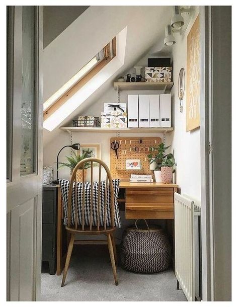 Small Home Office Ideas, Attic Office, Slanted Ceiling, Office Nook, Ikea Hackers, Home Office Ideas, Small Home Office, Household Decor, Home Office Organization