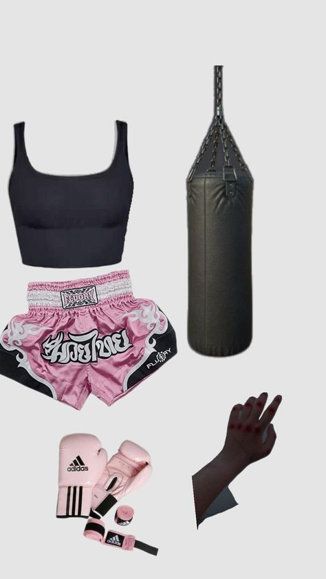 Pink Boxing Aesthetic, Kickboxing Women Outfit, Boxing Workout Women, Women Boxing Outfit, Womens Boxing Outfit, Mma Women Aesthetic, Boxing Outfits, Boxing Outfit For Women, Kickboxing Outfit