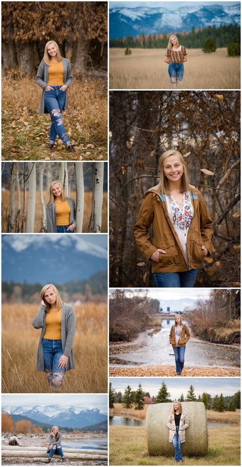 Senior Picture Mountain Ideas, Haybale Photoshoot, Hay Bale Photoshoot, Mountain Senior Pictures, Fall Senior Picture Ideas, Sixteen Photoshoot, Sr Photos, Fall Senior Portraits, Bigfork Montana