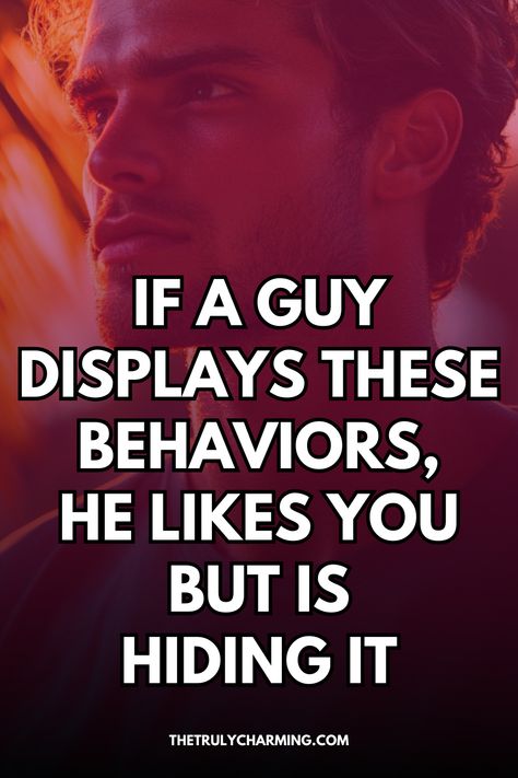 If a guy displays these behaviors, he likes you but is hiding it. Look for these subtle signs revealing his hidden feelings and attraction. How To Know If A Guy Loves You, Outfits To Get A Guys Attention, How To Talk To A Guy, Fantasizing About Someone, What Do Guys Find Attractive, Date A Guy Who, Signs Of Attraction, Signs Guys Like You, Hidden Feelings