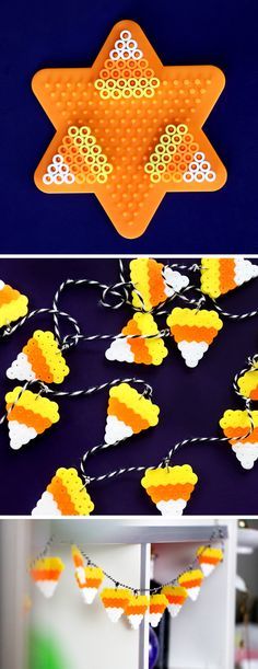 Halloween DIYs to Make When You’re Bored - DIY Candy Corn Perler Bead Garland | Karen Kavett Perler Bead Candy Corn, Perler Halloween Ideas, Fall Perler Bead Designs, Peeler Bead Decor, Melting Beads Ideas Halloween, Perler Halloween Pattern, Peeler Bead Ideas Halloween, Iron Beads Halloween, Halloween Fuse Bead Patterns