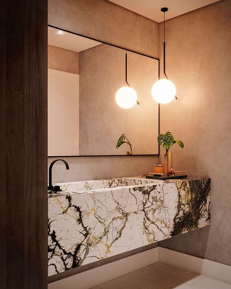 Powder Room Stone Vanity, Integrated Sink Powder Room, Scandinavian Powder Room Ideas, Japandi Powder Room Ideas, Small Powder Room Ideas Elegant Modern, Modern Powder Rooms Luxury, Luxury Powder Room Design Modern, Zen Powder Room, Powder Room Ideas Modern Luxury