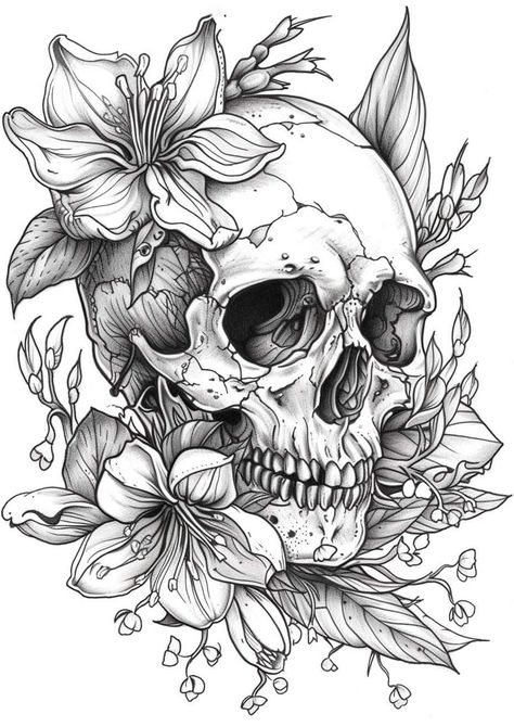 Mexican Skull Art Tattoo, Floral Skull Tattoos For Women Leg, Skull And Sunflower Drawing, Dawn Of The Dead Tattoo, Skull Guitar Drawing, Chysthamum Tattoo, Skull In Flowers Tattoo, Over The Shoulder Tattoo For Women Half Sleeves, Medieval Skull Tattoo