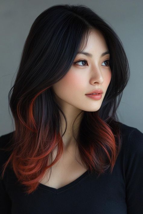 fall hair colors, hair trends, seasonal style Fall Hair Asian, Dark Hair Pop Of Color, Red Ends Hair, Hair Pop Of Color, Dark Hair With Layers, Red Hair Ends, Long Auburn Hair, Wavy Layered Hair, Natural Looking Curls