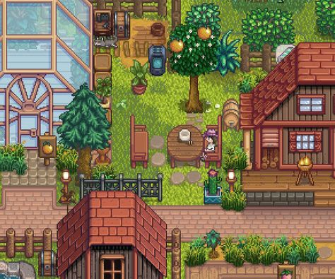 Sdv Forest Farm Ideas, Stardew Flower Garden, Beehive Stardew Valley, Stardew Valley House Color, Stardew Valley Outdoor Decor, Stardew Valley Summer Outfits, Stardew Valley Chicken Coop, Stardew Valley Beehive, Forest Farm Stardew Valley