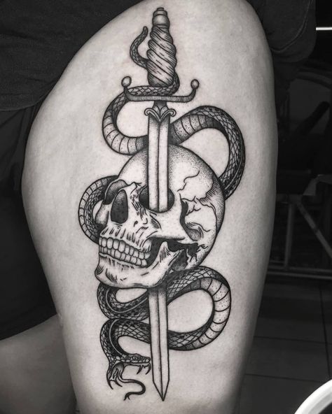 Rate This Skull & Knife Tattoo 1 to 100 #tattoo #tattoos #smalltattoos #amazingtattoo #beautifultattoos #watercolorTattoo #InspirationalTattoos #ArtTattoo #NeonTattoo #CoolTattoos #TattooDrawings #BodyArtTattoo #Tattoo Sketches #FootTattoos #CelestialTattoo Skull Knife Tattoo, Cobra Tattoo Design, Snake Head Tattoo, King Cobra Tattoo, Skull Thigh Tattoos, Snake Tattoo Meaning, Skull And Snake, Skull Rose Tattoos, Cobra Tattoo