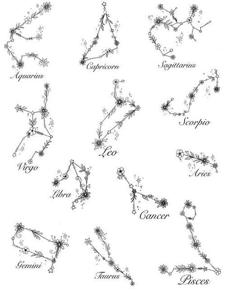 Zodiac Flower Constellation Tattoo, Taurus Floral Constellation Tattoo, Leo Constellation Tattoo Flower, July Inspired Tattoos, Lil Dipper Big Dipper Tattoo, Birth Flower And Constellation Tattoo, December Constellation Tattoo, Piceses Tattoo Constellation, Star With Flowers Tattoos