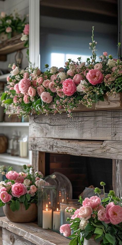 Spring Mantle Decor, Spring Mantle, Flowers And Candles, Deco Champetre, Diy Arrangements, Beautiful Flower Arrangements, Spring Easter Decor, Deco Floral, Mantel Decorations