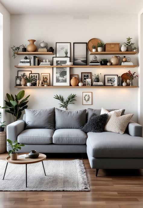 Grey Couch Living Room Contemporary Living Room Grey Couch, Modern Living Room With Grey Couch, Living Room Designs With Grey Couch, Denim Sofa Living Room, Living Room Designs Gray Couch, Grey White Living Room Ideas, Living Room Ideas With Grey Couch, Living Room With Grey Sofa, Shelves Over Couch