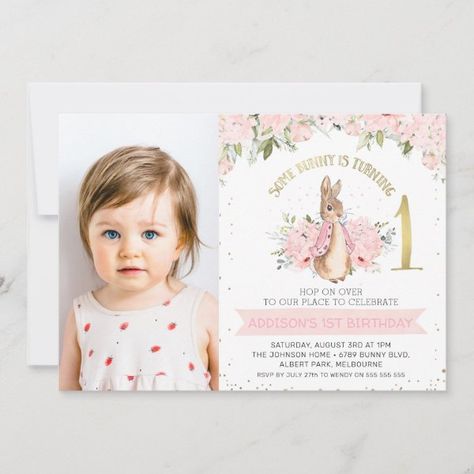 Pink Floral Flopsy Bunny Rabbit 1st Photo Birthday Invitation Flopsy Bunny 1st Birthday, Pink Birthday Invitations, Bunny First Birthday, Bunny 1st Birthday, Flopsy Bunny, Birthday Bunny, Bunny Invitations, Birthday Invitation Pink, Cute Birthday Party