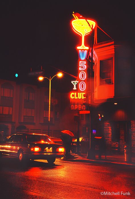 500 Club Neon Bar Sign In The Mission District, San Francisco By Mitchell Funk  www.mitchellfunk.com 80s Bar, 1920s Aesthetic, Neon Signage, San Myshuno, Neon Bar Signs, Jazz Bar, Mission District, Night Drive, Vintage Neon Signs