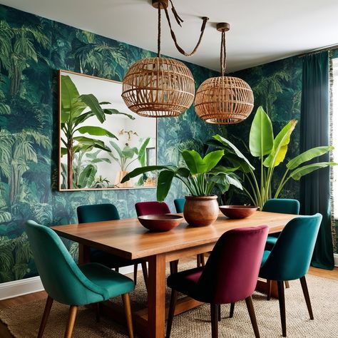 This dining room is seriously giving me all the lush, tropical vibes! The deep green jungle wallpaper instantly transports you to a rainforest, while those pops of jewel-toned chairs add just the right amount of color and contrast. The woven pendant lights and that gorgeous wooden table bring in such a warm, natural element, making it feel both exotic and grounded. And can we talk about the plants? It's like the room is alive! It’s a perfect blend of modern, nature-inspired design with an e... Tropical Wallpaper Dining Room, Tropical Modern Interior, Airbnb Moodboard, Green Jungle Wallpaper, Tropical Dining Room, Green Jungle, Dining Room Blue, Inspiring Interiors, Can We Talk