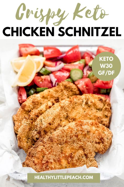 My Crispy Keto Chicken Schnitzel is a super easy recipe that can be whipped up on the stove or air fryer. Super crispy and each chicken breast is only 5 NET carbs! Whole30, Keto, Paleo and Gluten Free. #chickenschnitzel #ketochickenrecipes #cleanketo #whole30 #paleo #glutenfree #healthycomfortfood #healthyrecipes #chickenrecipes Schnitzel Recipes, Whole30 Keto, Chicken Schnitzel, Chicken With Olives, Cooking With Olive Oil, Keto Paleo, Peach Recipe, Super Easy Recipes, Keto Chicken