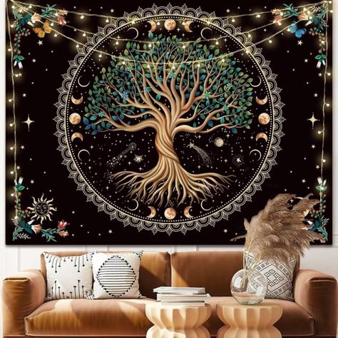 This tapestry brings a decorative beauty to a wall, bed, or sofa. Perfect for wall hangings, dorm decor, or that witchy, spiritual space Spiritual Tapestry, Dark Academia Bedroom Ideas, Aesthetic Wall Hanging, Academia Bedroom, Tapestry Aesthetic, Tree Of Life Tapestry, Tapestry Nature, Flower Tapestry, Moon Tapestry