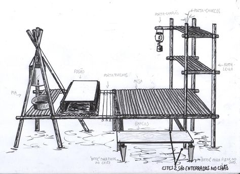 Cocina con fuego elevado, mesada y estantes. Fuente: Bushcraft Kit, Bushcraft Skills, Emergency Shelter, Scout Activities, Scout Camping, Apocalypse Survival, Bushcraft Camping, Survival Shelter, Homestead Survival