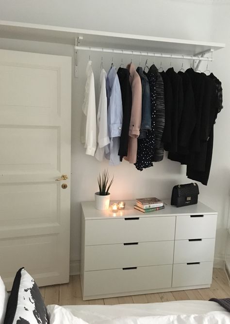 Bedroom With No Closet Ideas Storage, Small Bedroom With Wardrobe Layout, Ikea Open Closet Ideas, Open Wardrobe Ideas Small Spaces Bedrooms, Ikea Nordli Closet, Open Storage Bedroom, Small Room No Closet, Small Ikea Bedroom Ideas, Simple Wardrobe Design Small Spaces