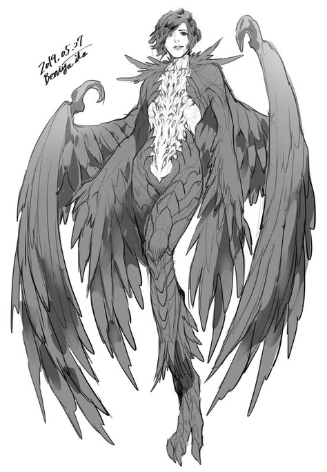 Demon Bird Art, Bird Humanoid, Characters With Wings, Bird Character Design, Bird Character, Winged People, Bird People, Wow Art, Creature Concept Art