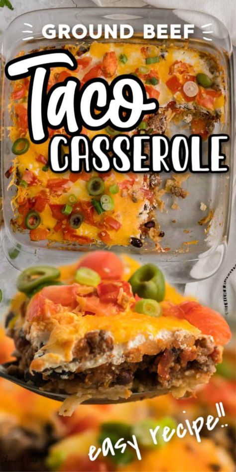 Quick And Easy Dinner Recipes For Family Beef Taco Casserole, Taco Crunch Casserole, Twice Baked Crispy Cheesy Taco Rice Casserole, Taco Casserole For Two, Hamburger Taco Casserole Recipes, Hamburger Mexican Casserole, My Pins Saved Recipes, Taco Casserole With Refried Beans, Ground Beef Taco Casserole Recipes