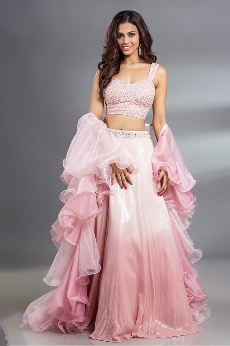 POWDER PINK LEHENGA SET WITH A HANDWORK BLOUSE, PAANI SEQUIN OMBRÉ SKIRT AND OMBRÉ RUFFLED DUPATTA. - Seasons India Ombre Lehenga, Lengha Dress, Ruffle Lehenga, Fashion Sketchbook Inspiration, Ruffle Dupatta, Handwork Blouse, Reception Gowns, Organza Lehenga, Kids Blouse