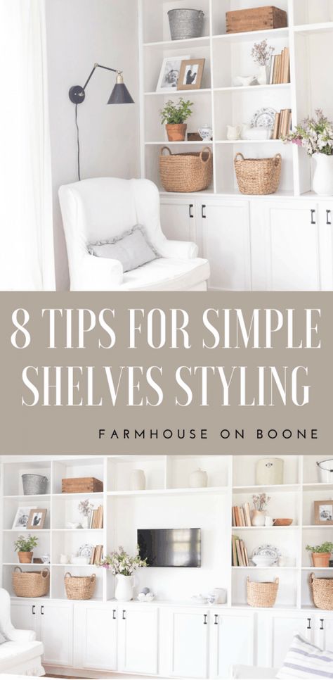 How to Style Built Ins- Summer Built Ins Styling Style Built In Shelves, How To Style Built In Shelves, Built In Shelf Decor, Styling Built In Shelves, Shelves Styling, Built In Shelves Living Room, Living Room Decor Neutral, Shelf Decor Living Room, Decorating Bookshelves