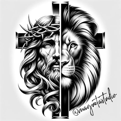 Jesus Lion Tattoo, Polka Tattoo Designs, Angel Warrior Tattoo, Mandala Tattoos For Women, Hair Tattoo Designs, Trash Polka Tattoos, Black Flowers Tattoo, Octopus Tattoo Sleeve, Trash Polka Tattoo Designs