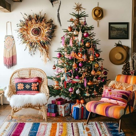 Add a boho flair to your holiday with a multi-colored Christmas tree. Eclectic details like handcrafted ornaments and textiles make it warm and inviting for relaxed spaces. Christmas Tree Eclectic, Christmas Tree Multi Color Lights Decor, Boho Christmas Tree Ideas, Eclectic Christmas Tree, Eclectic Christmas Trees, Eclectic Christmas Decor, Christmas Tree Boho, Hippie Christmas, Boho Christmas Tree