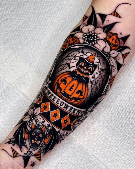 Halloween Snow Globe 🎃🔮 Johanna Parker Inspired Cat & Pumpkin . . . #blackworkers_tattoo #eternalink #darktattoo #allhallowseve… | Instagram Halloween Snow Globe Tattoo, Vintage Halloween Tattoo Sleeve, Spooky Cover Up Tattoos, Black And White Halloween Tattoos, Halloween Arm Tattoo, Halloween Snowglobe Tattoo, Pumpkin Cat Tattoo, Angelo Parente Tattoos, Feminine Halloween Tattoos