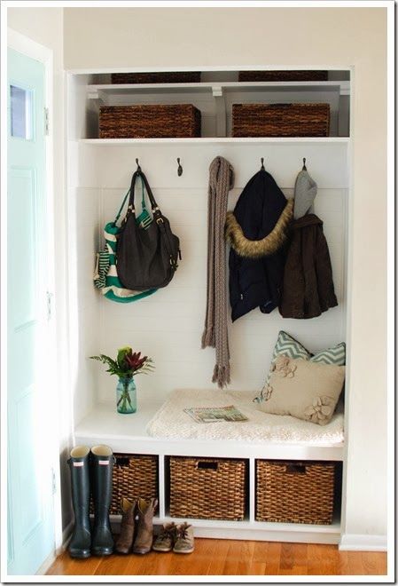 Turning a foyer closet into a mudroom | This one looks more like my coat closet. Closet Turned Mudroom, Coat Closet Makeover, Foyer Closet, Closet Nook, Front Hall Closet, Armoire Entree, Front Closet, Mudroom Closet, Closet Redo