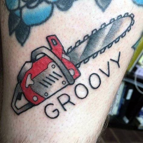 40 Chainsaw Tattoo Designs For Men – Mechanical Saw Ink Ideas Chainsaw Tattoo, Saw Tattoo, Halloween Sleeve, Trad Tattoos, Tool Tattoo, Saved Tattoo, Kunst Tattoos, Sharpie Tattoos, Mens Shoulder Tattoo