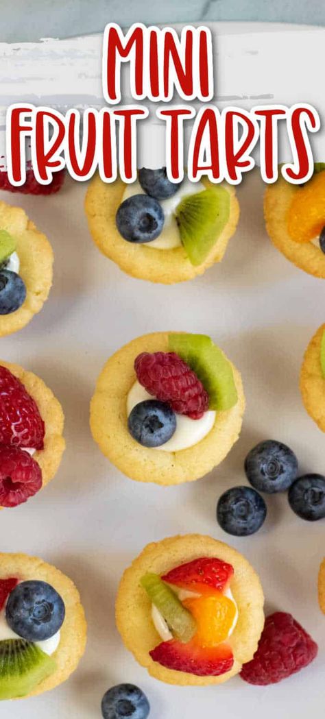 These mini sugar cookie fruit tarts are a delicious sugar cookie cup filled with cream cheese filling and topped with your favorite fresh fruits and berries! They are perfect for parties, showers, holidays or any time! Sugar Cookie Fruit Cups, Sugar Cookie Fruit Tart, Fruit Tart Recipe Mini, Fruit Sugar Cookies, Easy Make Ahead Appetizers, Mini Fruit Tarts, Sugar Cookie Cups, Cream Cheese Sugar Cookies, Fruit Tart Recipe