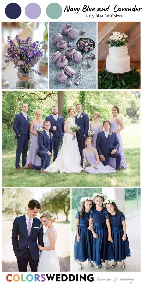 Purple Bridesmaids Blue Groomsmen, Navy And Lilac Wedding, Lavender And Blue Wedding, Lilac Wedding Themes, Blue Fall Wedding, Blue Purple Wedding, Navy Wedding Colors, Lavender Wedding Theme, Lavender Bridesmaid