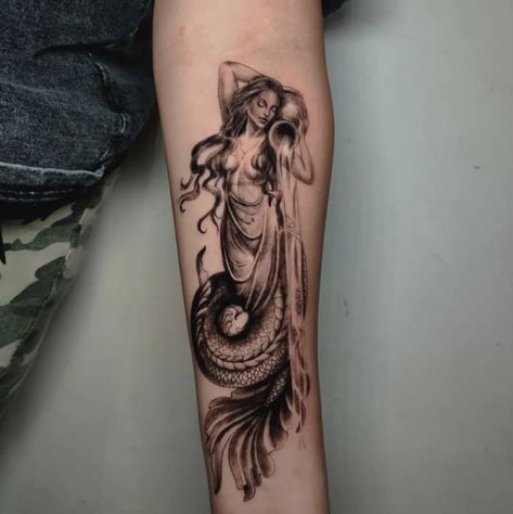 Aquarius Tattoo Design Zodiac Signs, The Water Bearer Tattoo, Back Tattoo Women Aquarius, Goddess Tattoo Design Aquarius, Aquarius Sleeve Tattoo Women, Goddess Of Water Tattoo, Aquarius Siren Tattoo, Aquarius Fairy Tattoo, Female Aquarius Tattoo