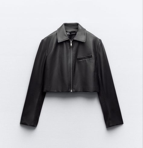 Zara Faux Leather Jacket, Crop Jumper, Zara Leather, Faux Leather Jacket, Zara Jackets, Zara Black, Lapel Collar, Faux Leather, Zara