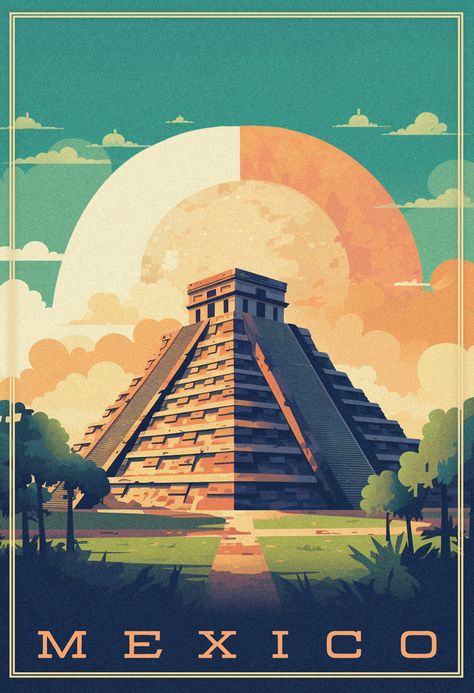 View one of Mexico's most iconic landmark's Chichen Itza as it stands prominently on the ancient land of the Maya. Mexico Landmarks, Mexico Icon, Mexico Illustration, Mexico Travel Poster, Mexico Painting, Mexico Poster, Chichen Itza Mexico, Mexico Aesthetic, Maya Art