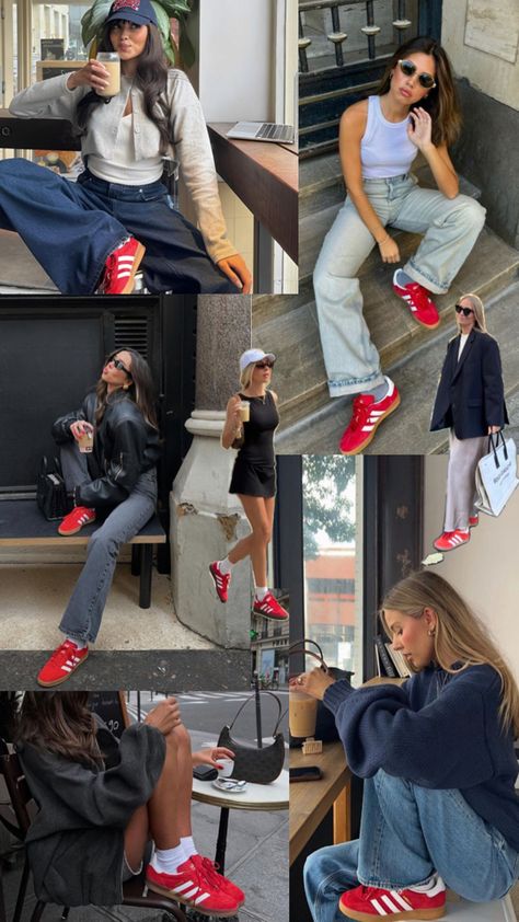 Red Gazelle, Red Sneakers Outfit, Blazer Outfits For Women, Red Sneakers, Red Outfit, Blazer Outfits, Sneakers Outfit, Casual Fashion, Cute Outfits