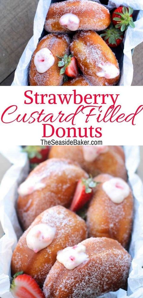 Strawberry Custard-Filled Donuts | The perfect combination of sweet and fruity custardiness (not sure if that is an actual word). Light, airy, and delicious |  #donut #doughnut #strawberry #custard | See this and other delectable recipes at TheSeasideBaker.com Strawberry Custard, Homemade Donuts Recipe, Strawberry Donuts, Filled Donuts, Homemade Donuts, Doughnut Recipe, Oreo Dessert, Delicious Donuts, S'mores