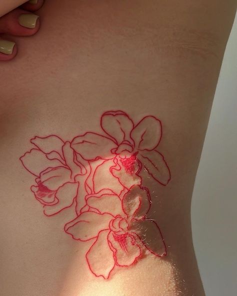 Red Lighting Tattoos, Red Raspberry Tattoo, Red Ink Text Tattoo, Red Shoulder Tattoos For Women, Red Chest Tattoo Female, Red Fineline Tattoo, Red Line Tattoos, Red Chest Tattoo, Red Floral Tattoo