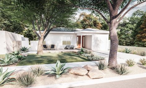 Front Garden Bungalow, Front Yard Landscaping Desert Design, Pebbles Front Yard Landscaping, Sloped Front Yard Landscaping With Rocks, Coastal Desert Landscape, Modern Scandinavian Backyard, Modern Landscape Plants, Small Grass Area Ideas Front Yard, Yards With No Grass Ideas