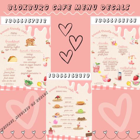 Cute pink aesthetic, Bloxburg café menu decal codes Cafe Hello Kitty, Aesthetic Bloxburg, Cute Pink Aesthetic, Juice Menu, Pet Cafe, Bloxburg Decals Codes Aesthetic, Blocksburg Room Ideas￼, Pink Cafe, Roblox Image Ids