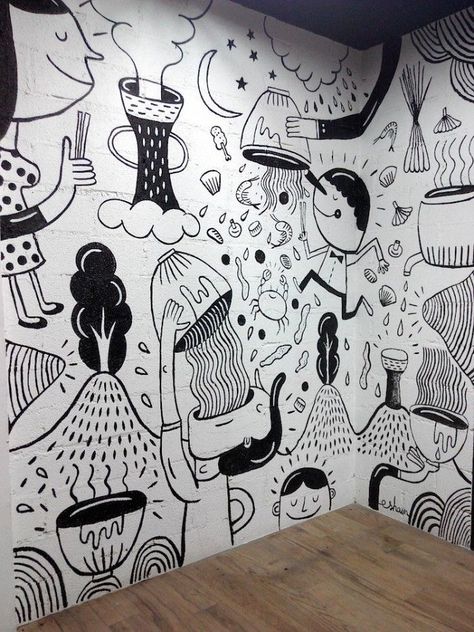 Office Wall Graphics, Mural Cafe, Doodle Wall, Wall Art Mural, Mural Art Design, Interior Murals, Noodle Bar, Cafe Wall Art, Posca Art