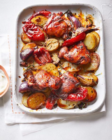 Dinner With Potatoes, Traybake Dinner, Paprika Chicken Thighs, Spanish Chicken Recipes, Delicious Magazine Recipes, Traybake Recipes, Tray Bake Recipes, Paprika Chicken, Delicious Magazine